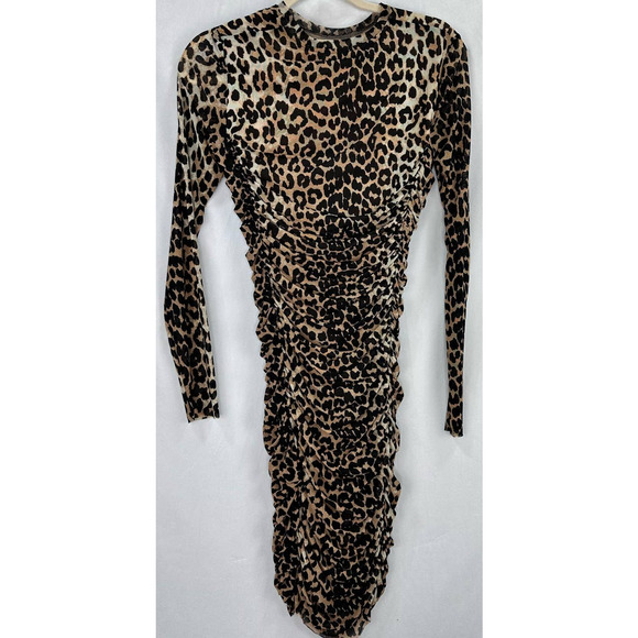 GANNI Midi Dress Ruched Leopard Print Stretch Mesh Long Sleeve size 36 / US 4 - Picture 7 of 8